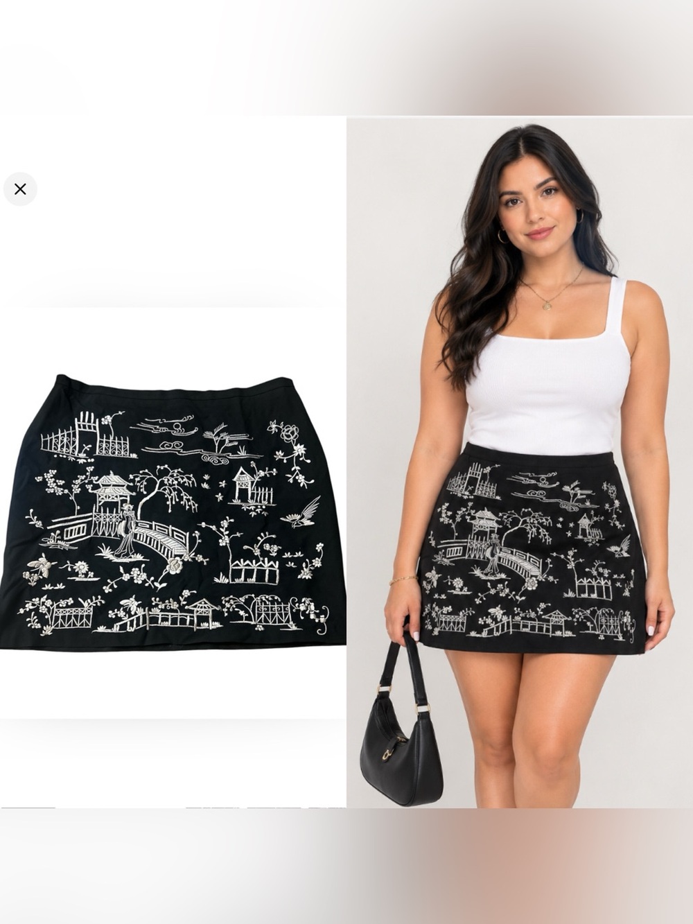 BCBGMaxAzria Black Mini Skirt with White Asian Scenic Embroidery Size 8